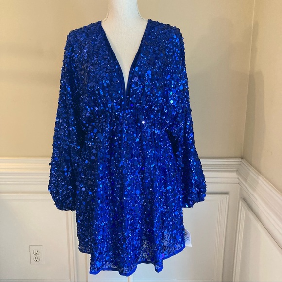 ASOS EDITION Royal Cobalt Blue Sequin Embellished Long Sleeve Faux Wrap Dress - Picture 1 of 12